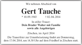 Traueranzeige von Gert Tauche von Super Sonntag Merseburg