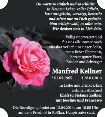 Traueranzeige von Manfred Kellner von Super Sonntag Dessau / Köthen