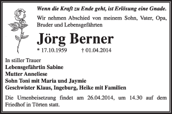 Traueranzeige von Jörg Berner von Super Sonntag Dessau / Köthen