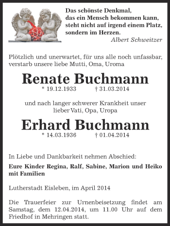 Traueranzeige von Renate und Erhard Buchmann von Wochenspiegel Mansfelder Land