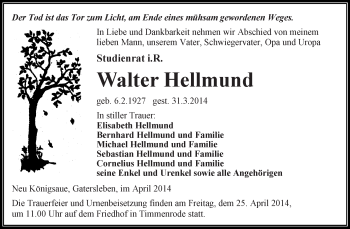 Traueranzeige von Walter Hellmund von Super Sonntag Aschersleben