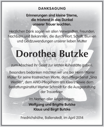 Traueranzeige von Dorothea Butzke von WVG - Wochenspiegel Quedlinburg