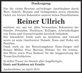 Traueranzeige von Reiner Ullrich von Super Sonntag Aschersleben