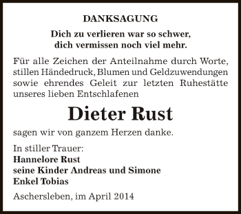 Traueranzeige von Dieter Rust von Super Sonntag Aschersleben