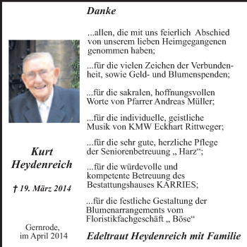 Traueranzeige von Kurt Heydenreich von WVG - Wochenspiegel Quedlinburg