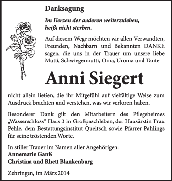 Traueranzeige von Anni Siegert von Super Sonntag Dessau / Köthen