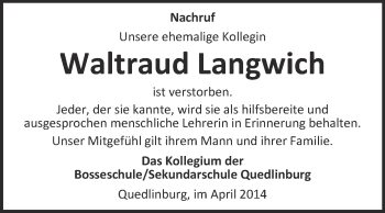 Traueranzeige von Waltraud Langwich von WVG - Wochenspiegel Quedlinburg