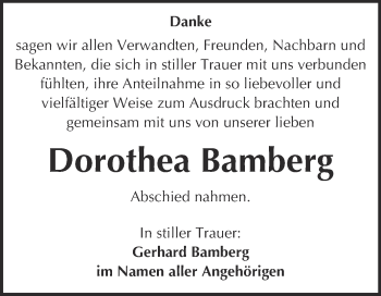 Traueranzeige von Dorothea Bamberg von WVG - Wochenspiegel NMB / WSF / ZTZ