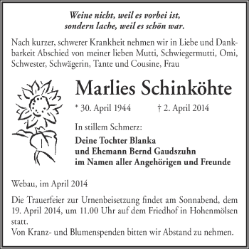 Traueranzeige von Marlies Schinköhte von WVG - Wochenspiegel NMB / WSF / ZTZ