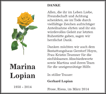 Traueranzeige von Marina Lopian von Super Sonntag Aschersleben