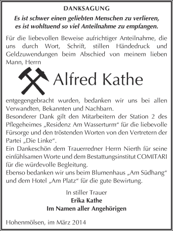 Traueranzeige von Alfred Kathe von WVG - Wochenspiegel NMB / WSF / ZTZ