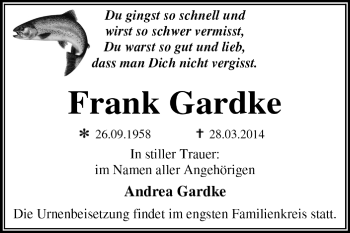 Traueranzeige von Frank Gardke von Super Sonntag Dessau / Köthen