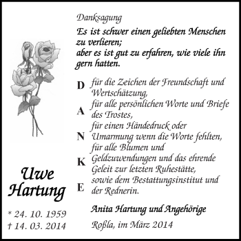 Traueranzeige von Uwe Hartung von WVG - Wochenspiegel SGH