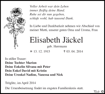 Traueranzeige von Elisabeth Jäckel von Super Sonntag Zeitz