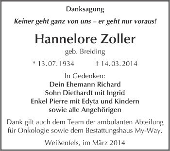 Traueranzeige von Hannelore Zoller von WVG - Wochenspiegel NMB / WSF / ZTZ