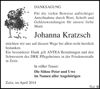 Traueranzeige von Johanna Kratzsch von Super Sonntag Zeitz