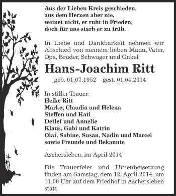 Traueranzeige von Hans-Joachim Ritt von Super Sonntag Aschersleben