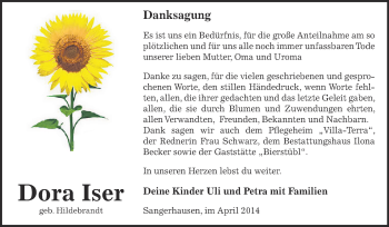 Traueranzeige von Dora Iser von WVG - Wochenspiegel SGH
