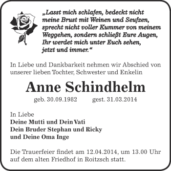 Traueranzeige von Anne Schindhelm von WVG - Wochenspiegel Bitterfeld
