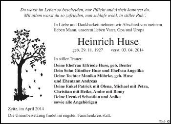 Traueranzeige von Heinrich Huse von Super Sonntag Zeitz