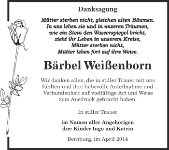 Traueranzeige von Bärbel Weißenborn von Super Sonntag Bernburg