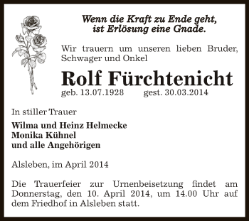 Traueranzeige von Rolf Fürchtenicht von Super Sonntag Bernburg