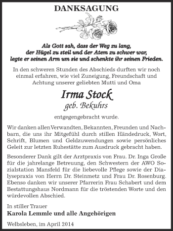 Traueranzeige von Irma Stock von Wochenspiegel Mansfelder Land