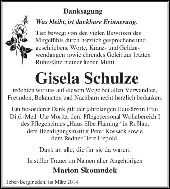 Traueranzeige von Gisela Schulze von WVG - Wochenspiegel Dessau / Köthen