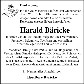 Traueranzeige von Harald Bäricke von Super Sonntag Dessau / Köthen