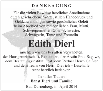 Traueranzeige von Edith Dierl von Super Sonntag Merseburg