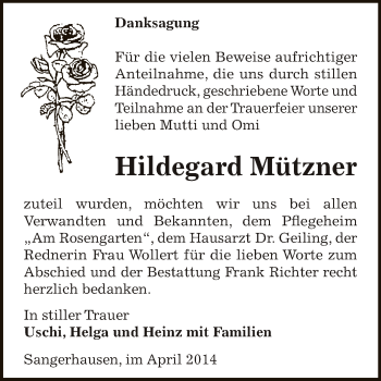 Traueranzeige von Hildegard Mützner von WVG - Wochenspiegel SGH