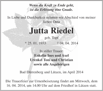 Traueranzeige von Jutta Riedel von Super Sonntag Merseburg