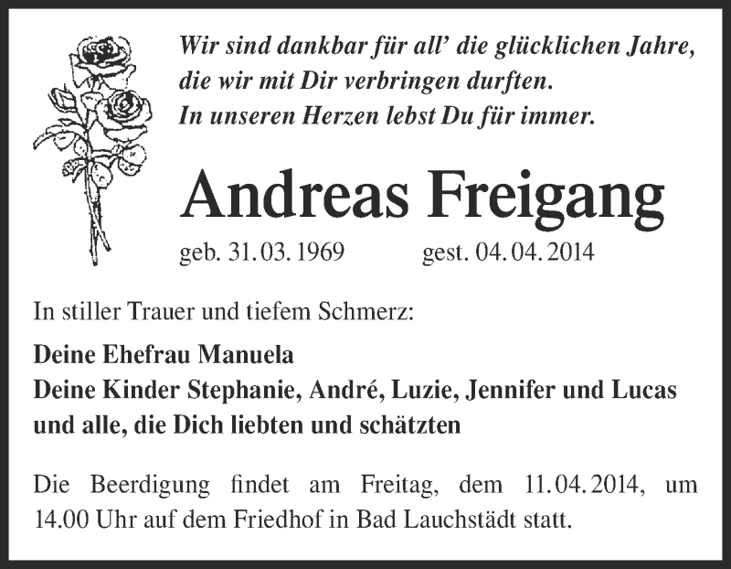  Traueranzeige für Andreas Freigang vom 09.04.2014 aus Super Sonntag Merseburg