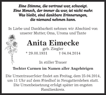 Traueranzeige von Anita Eimecke von Super Sonntag Bernburg