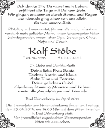 Traueranzeige von Ralf Stöbe von Super Sonntag Merseburg