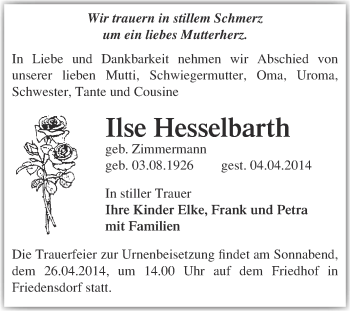 Traueranzeige von Ilse Hesselbarth von Super Sonntag Merseburg