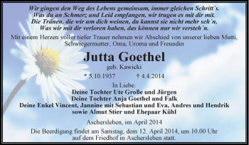 Traueranzeige von Jutta Goethe von WVG - Wochenspiegel Aschersleben