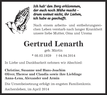 Traueranzeige von Gertrud Lenarth von WVG - Wochenspiegel Aschersleben