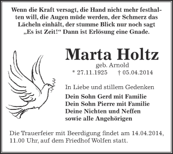 Traueranzeige von Marta Holtz von WVG - Wochenspiegel Bitterfeld