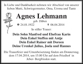 Traueranzeige von Agnes Lehmann von WVG - Wochenspiegel Dessau / Köthen