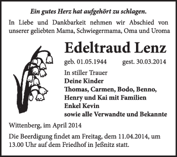 Traueranzeige von Edeltraud Lenz von WVG - Wochenspiegel Wittenberg