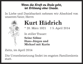 Traueranzeige von Kurt Hädrich von Super Sonntag Zeitz