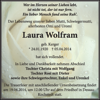 Traueranzeige von Laura Wolfram von Super Sonntag Dessau / Köthen