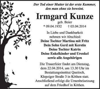 Traueranzeige von Irmgard Kunze von Super Sonntag Dessau / Köthen