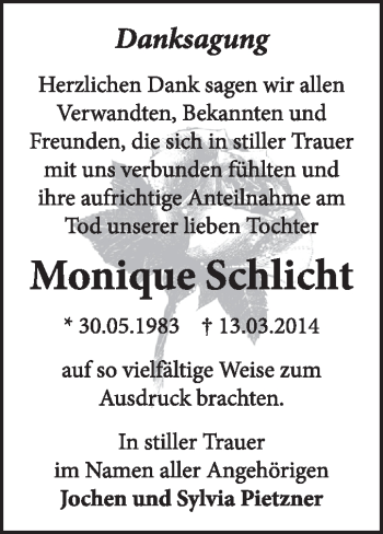 Traueranzeige von Monique Schlicht von Super Sonntag Dessau / Köthen