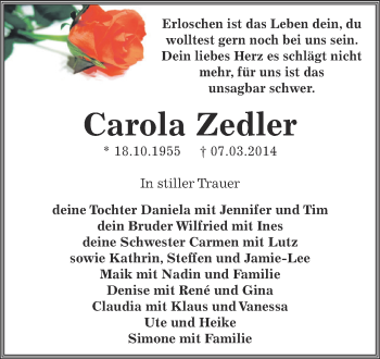 Traueranzeige von Carola Zedler von Super Sonntag Zeitz