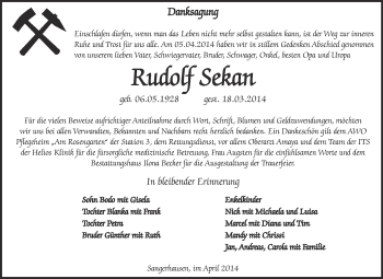 Traueranzeige von Rudolf Sekan von Super Sonntag SGH Mansf. Land