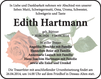 Traueranzeige von Edith Hartmann von Super Sonntag Dessau / Köthen