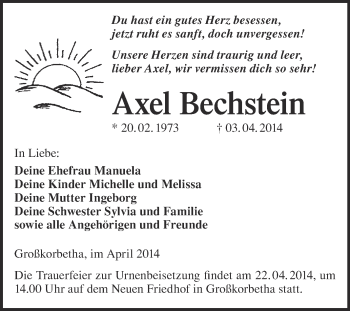 Traueranzeige von Axel Bechstein von Super Sonntag Merseburg