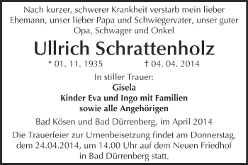 Traueranzeige von Ullrich Schrattenholz von Super Sonntag Merseburg